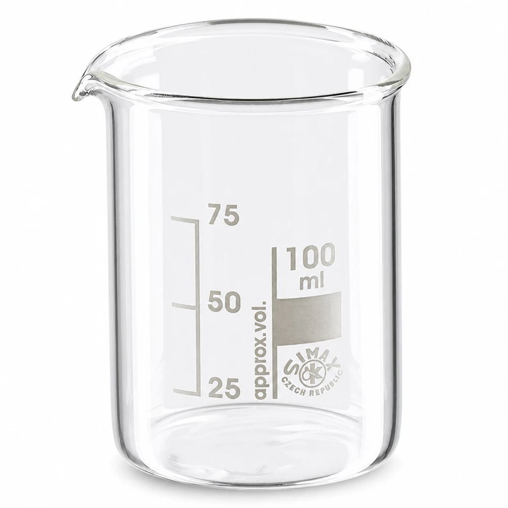 Becher 100ml in vetro borosilicato, forma bassa Bicchiere da 100 ml in vetro borosilicato di alta qualità con beccuccio e graduazione in forma bassa