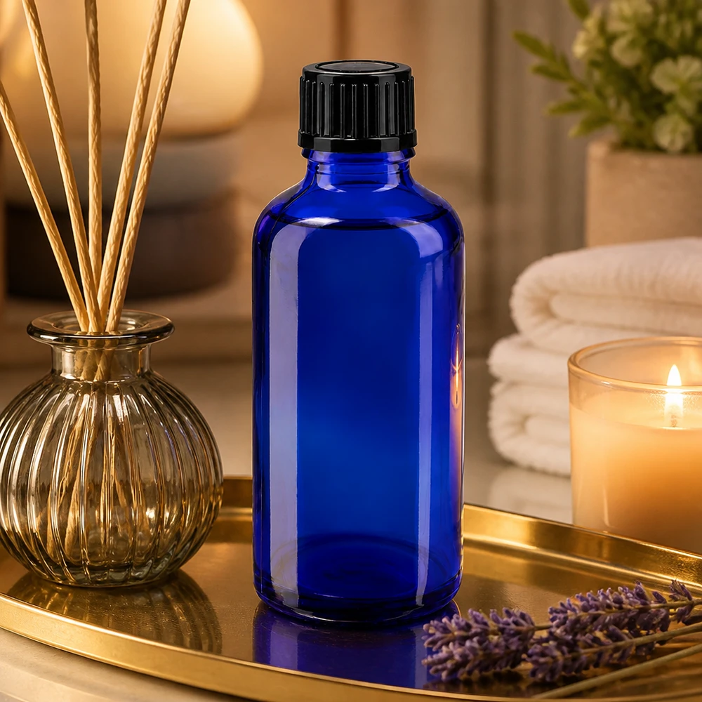 Apothekenflasche blau 50ml Schraubverschluss schwarz Standard Blaue Apoflasche 50ml mit geripptem Schwarzverschluss neben Lavendel und Duftkerze