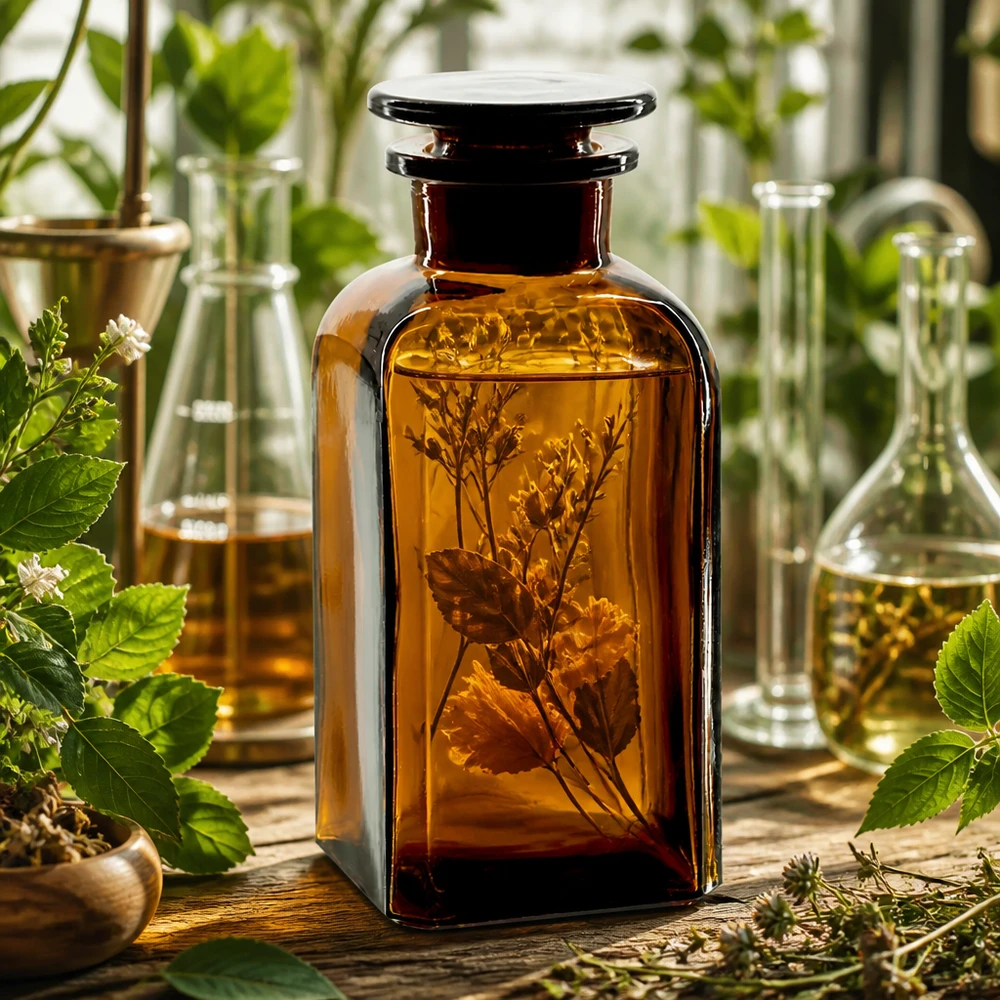 Fiaschetta da farmacia da 350 ml, marrone, a sezione quadrata, con collo largo e tappo di vetro, per tinture di erbe