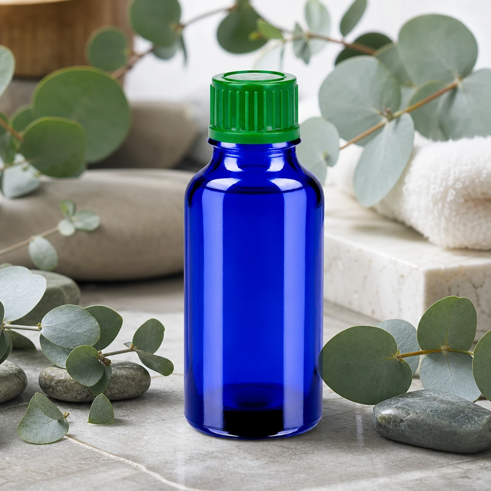 Flacone da 20ml 11mm SV verde STD BlueLine UT18/20 Elegante flacone di design da 20 ml in blu con tappo a vite verde ergonomico per uso di laboratorio