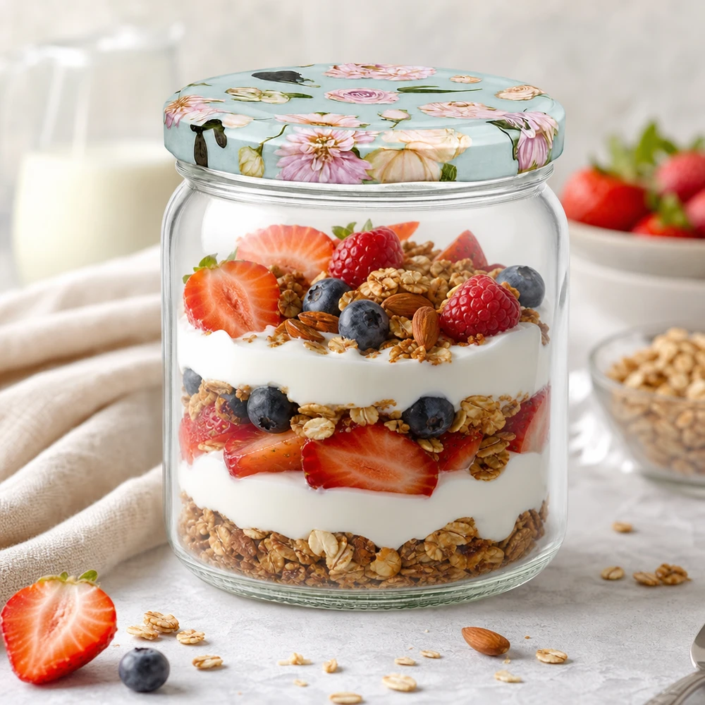 Vaso rotondo da 408 ml BasicSeal coperchio fiore menta ripieno di yogurt muesli frutti di bosco parfait dessert vasetto dessert a strati
