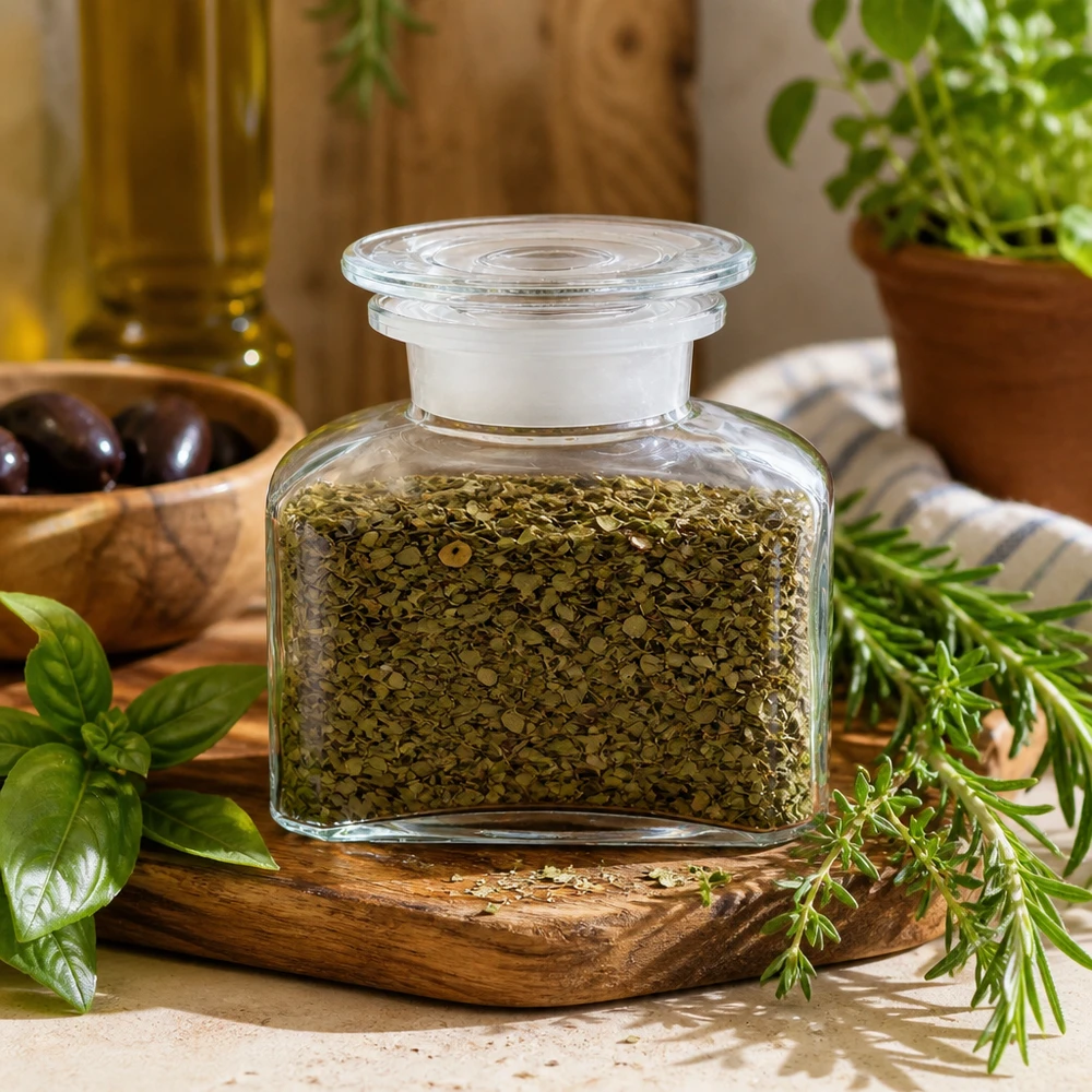 Idea barattolo per spezie: bottiglia da farmacia quadrata da 150 ml a bocca larga Vasetto compatto per erbe aromatiche con origano essiccato, tra piante in vaso e rametti di erbe aromatiche