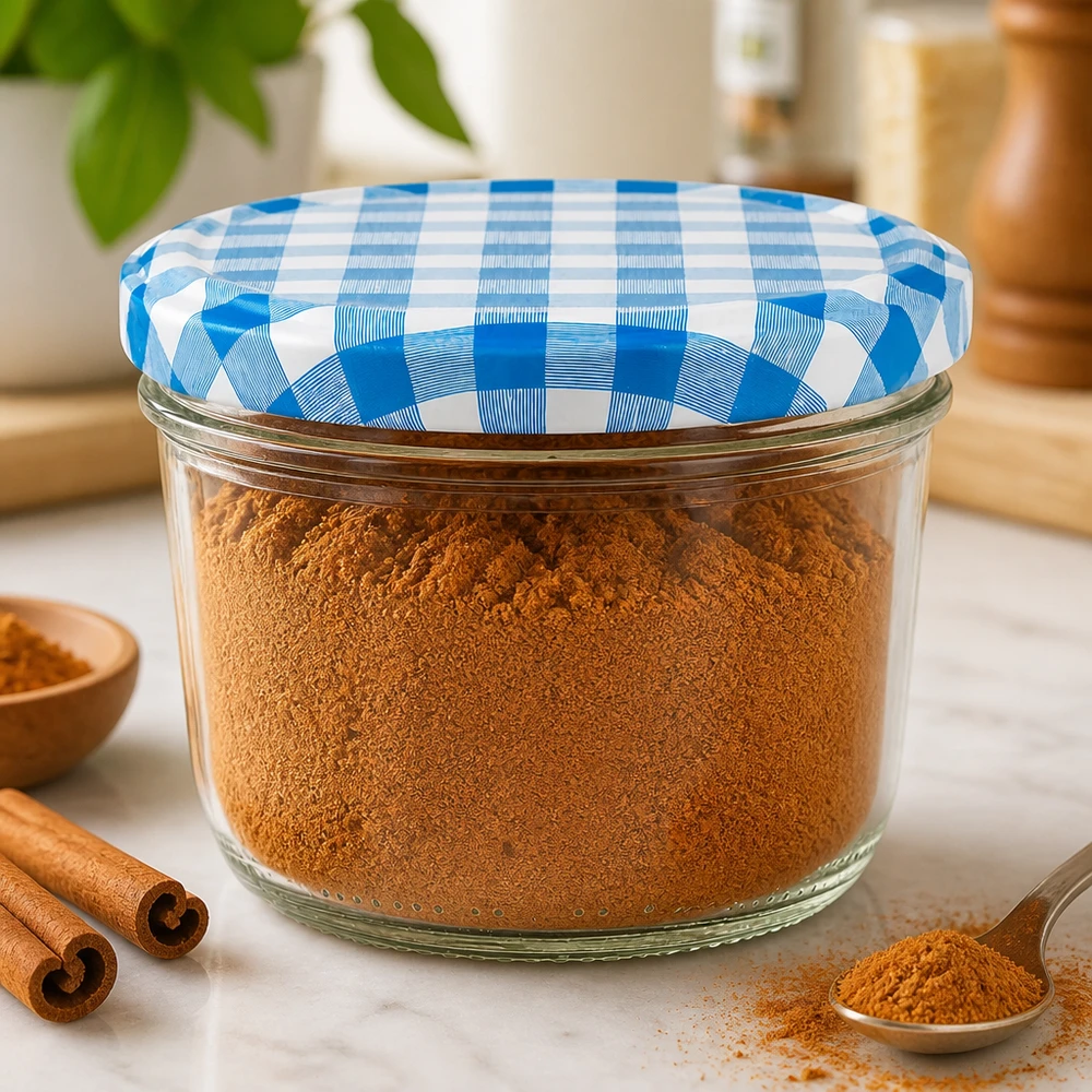 Bicchieri da 230 ml riempiti di cannella e tappo BasicSeal blu e bianco in un ambiente di cucina con bastoncini di cannella