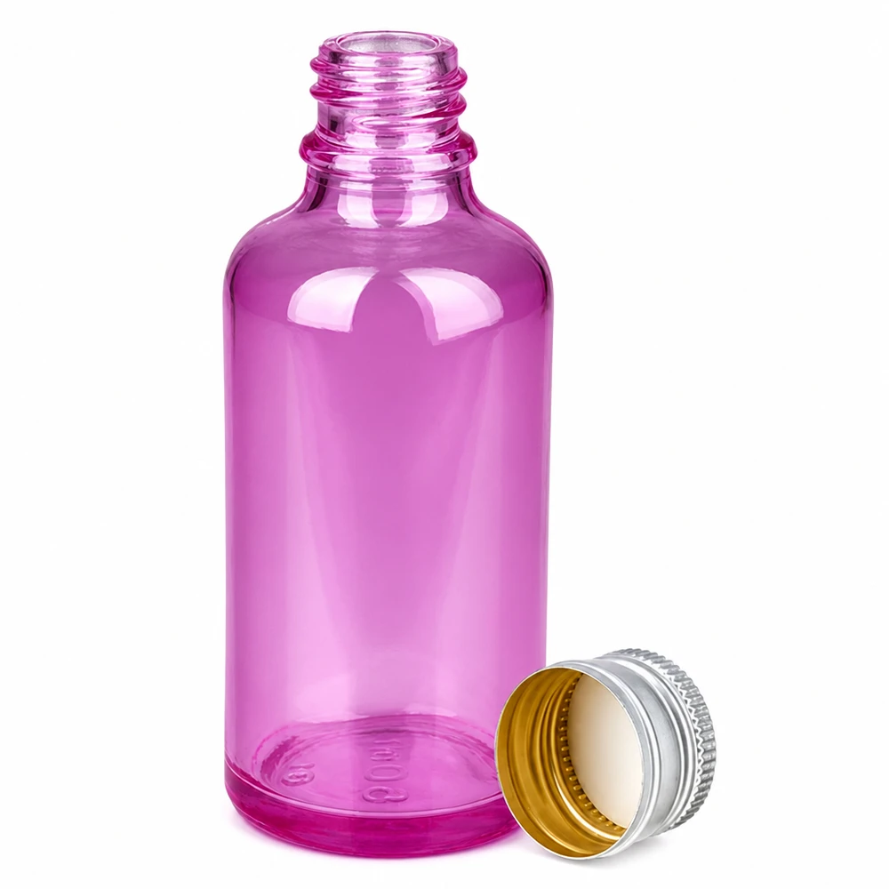 Flacon 50ml bouchon à vis 11mm alu-argent standard PurpleLine.UT18/50 Récipient de 50 ml en verre violet avec une ouverture de 11 mm et un système de fermeture argenté et doré