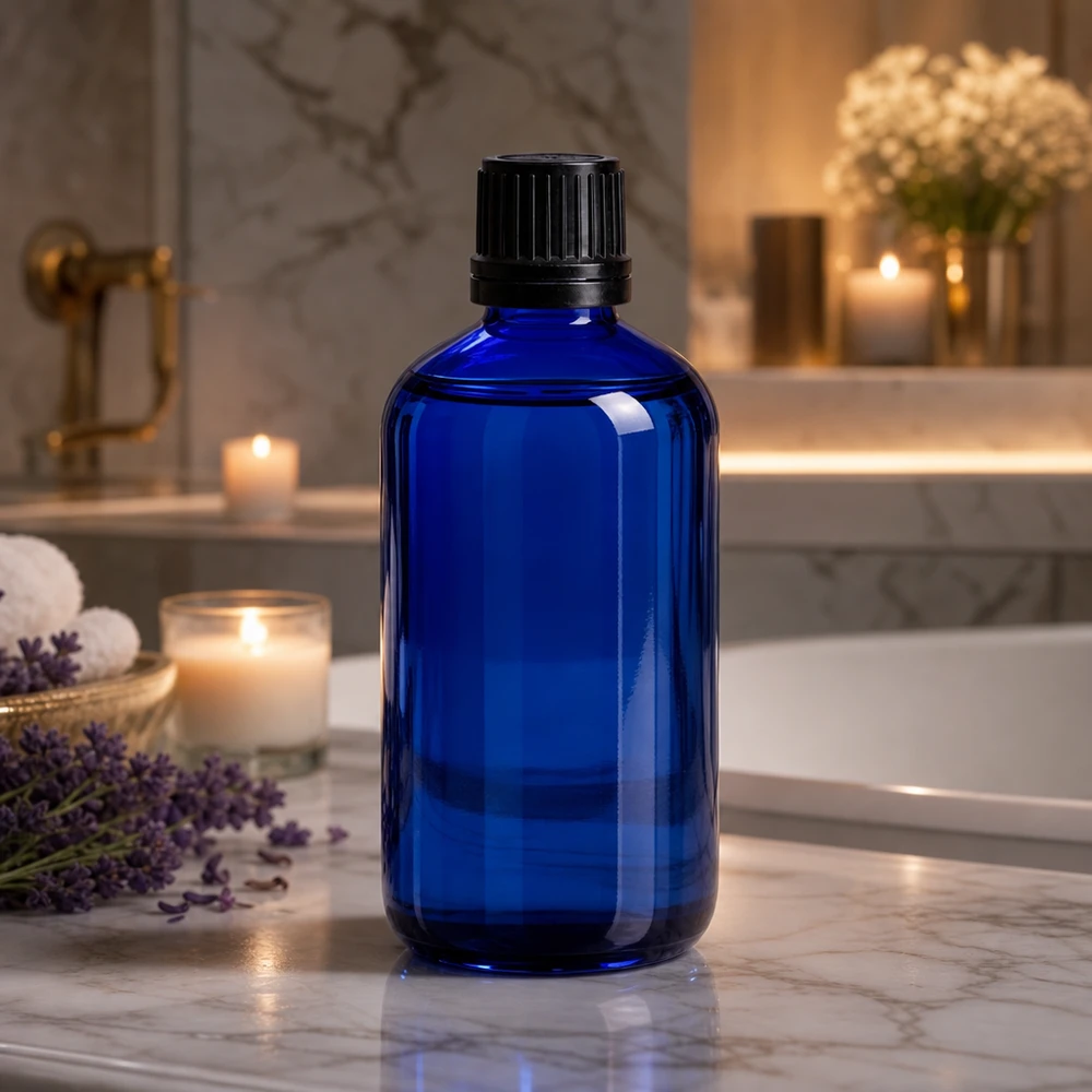 Zylindrische 100ml Apothekerflasche kobaltblau mit OV-Verschluss neben Entspannungskerzen