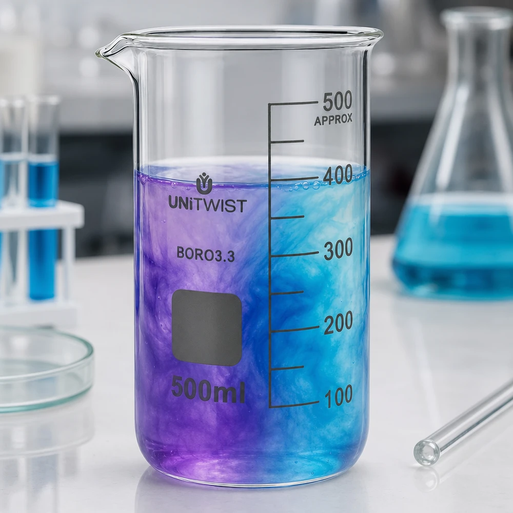 Bicchiere 500ml borosilicato, stampo alto UNITWIST Bicchiere da laboratorio in vetro borosilicato da 500 ml, forma alta, con miscela di colori blu-viola