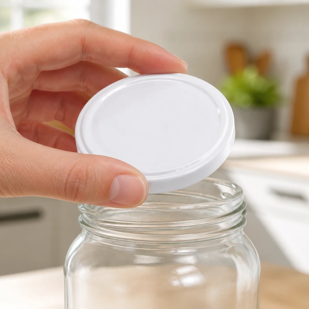 UNiTWIST TO58 BioSeal Deckel weiss Hand setzt Verschluss auf Vorratsglas unitemp BPA-NI