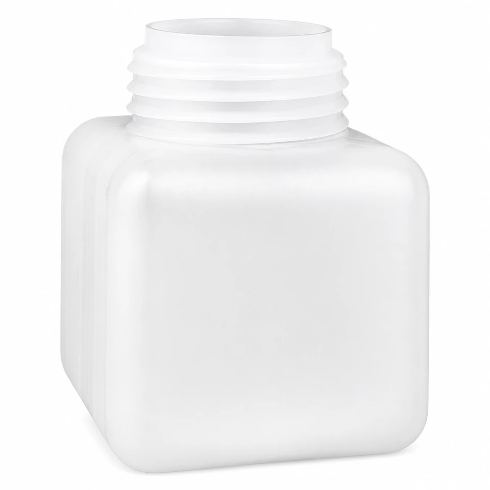 Flacon à produits chimiques 500 ml à col large, PEHD couleur naturelle, GL 65 Flacon transparent en PE-HD pour produits chimiques, 500 ml, de forme carrée, couleur naturelle, avec un large bouchon à vis