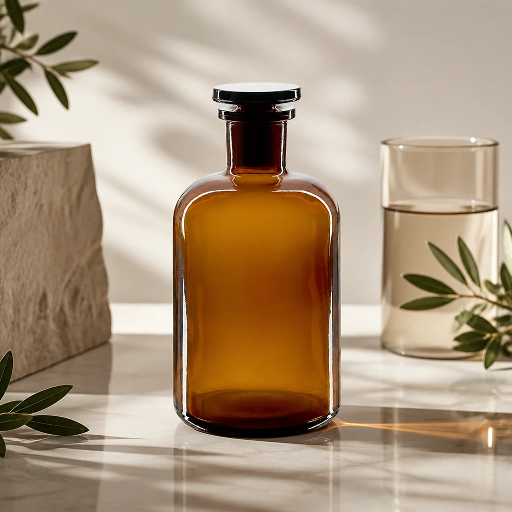 Flacon pharmaceutique 500 ml col étroit en verre ambré + bouchon Flacon de laboratoire couleur ambre de 500 ml, à col étroit et épaulement arrondi, muni d'un bouchon en verre de haute qualité
