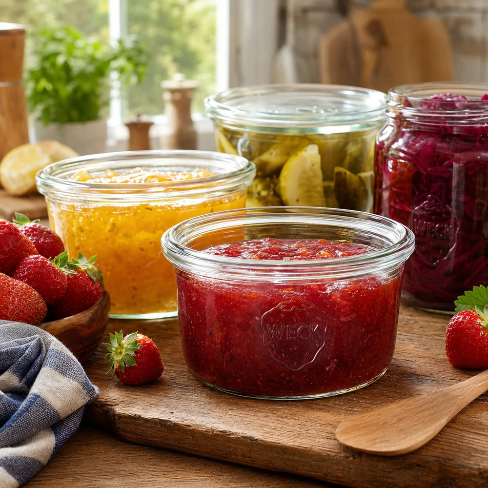 Barattolo con collo inclinato WECK RR80 da 165 ml Vaso WECK RR80 da 165 ml con marmellata di fragole su una tavola di legno accanto ad altri vasi da conserva con marmellata e fragole fresche.