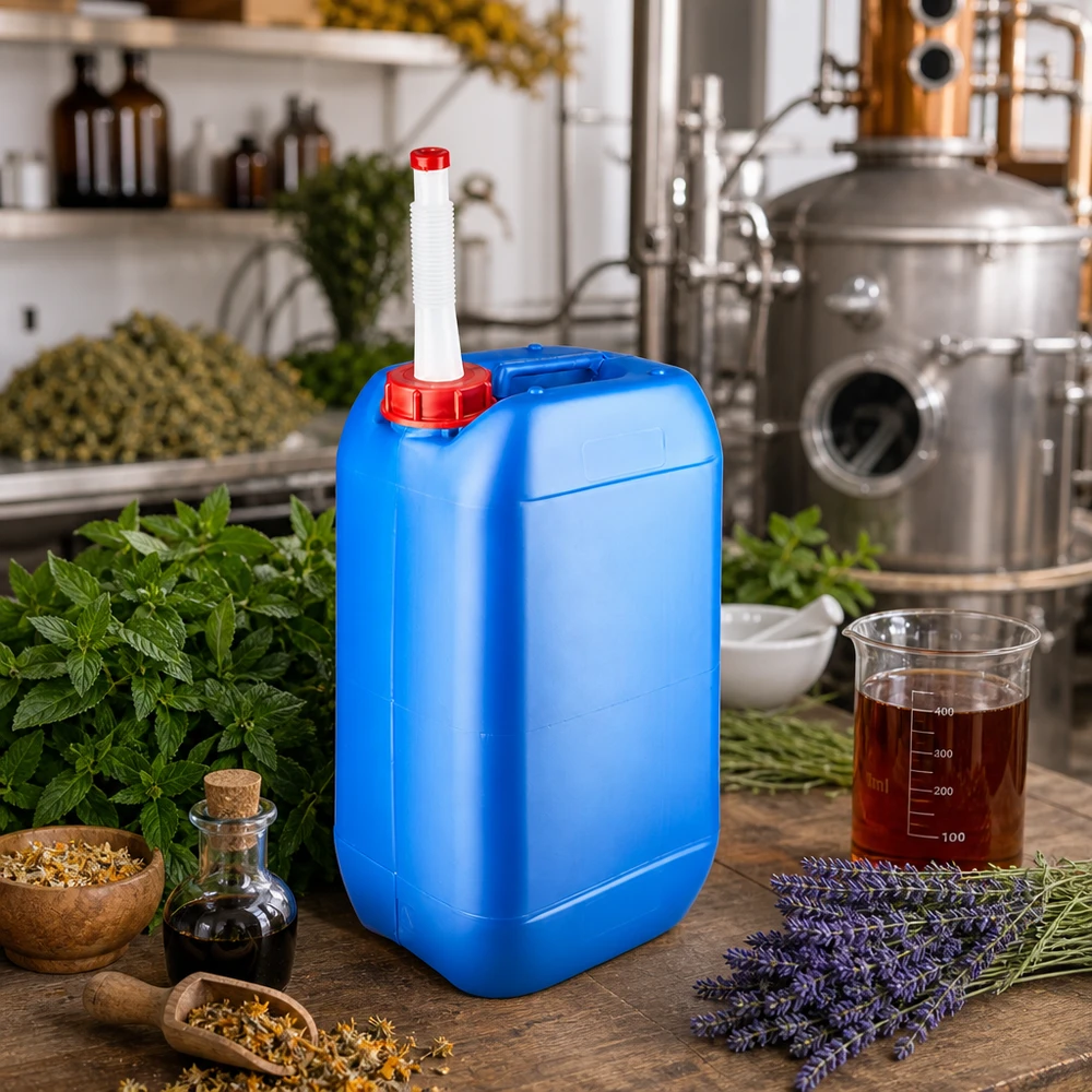 Bidon 15 litres bleu avec tube de vidange Flex Bidon en plastique bleu de 15 litres muni d'un tuyau de vidange flexible, entre les herbes fraîches et l'alambic