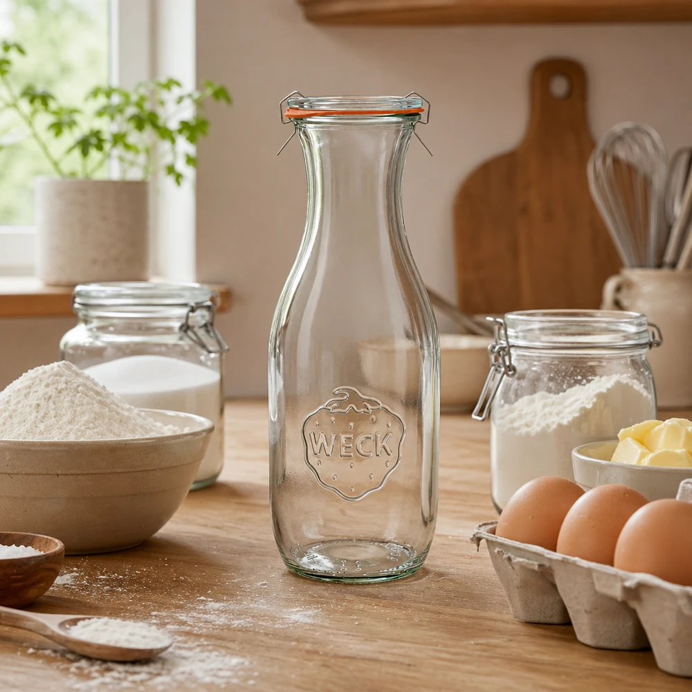 Bottiglia per succhi da 1062 ml, set completo WECK RR60 WECK bottiglia di succo 1062ml RR60 vuota in cucina rustica con ingredienti da forno farina uova e utensili da cucina