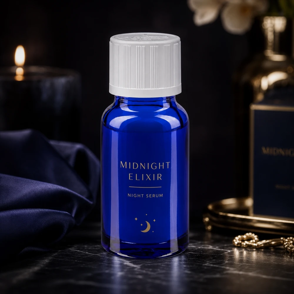 Apothekenflasche blau 10ml Tropfverschluss weiß Kindersicherung Standard Kobaltblaues 10ml Apothekerglasfläschchen mit weißem Schraubverschluss und Mondmotiv-Etikett