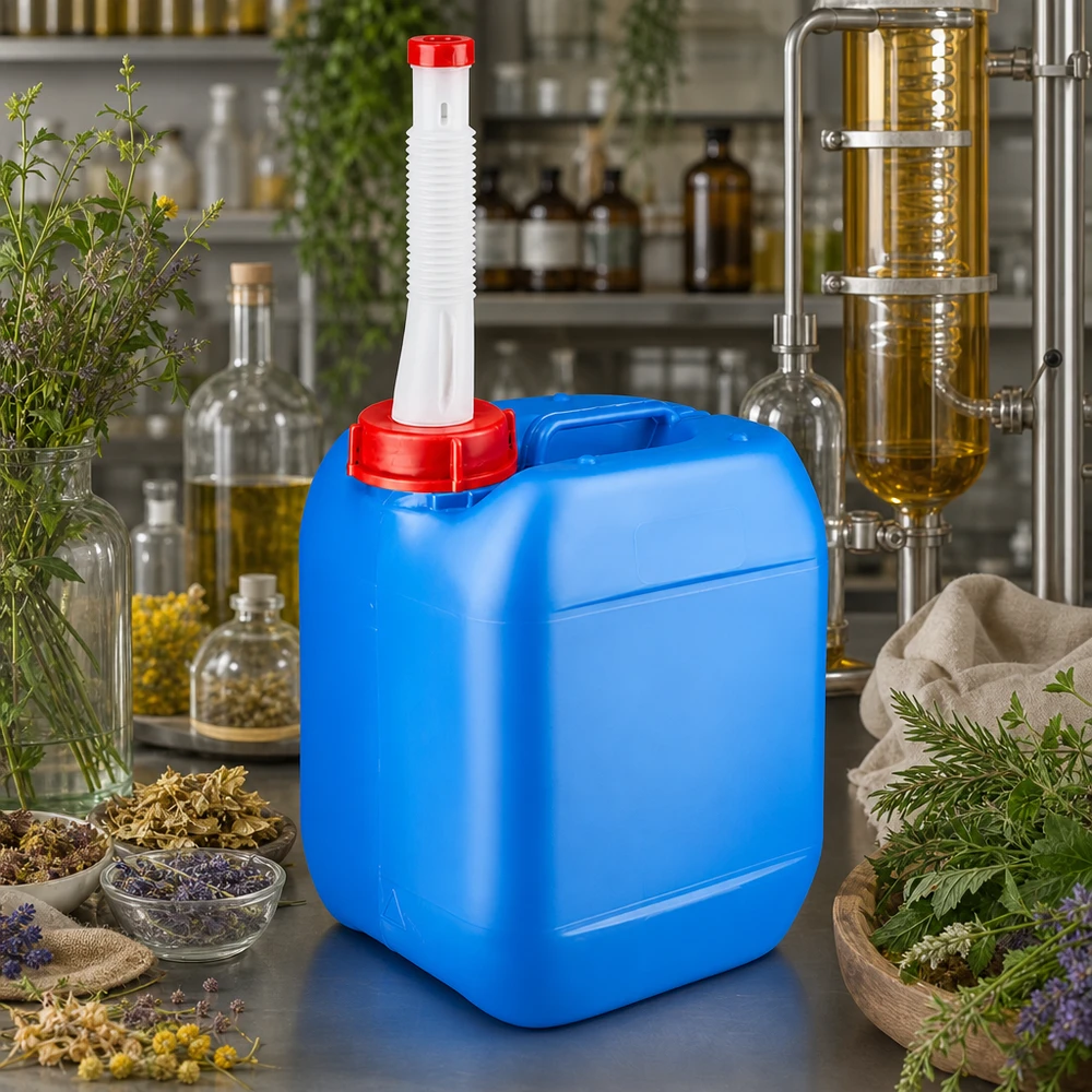 Bidon 5 litres bleu avec tube de vidange Flex Bidon bleu de 5 litres muni d'un bec verseur flexible blanc, situé entre les herbes et l'alambic dans le laboratoire