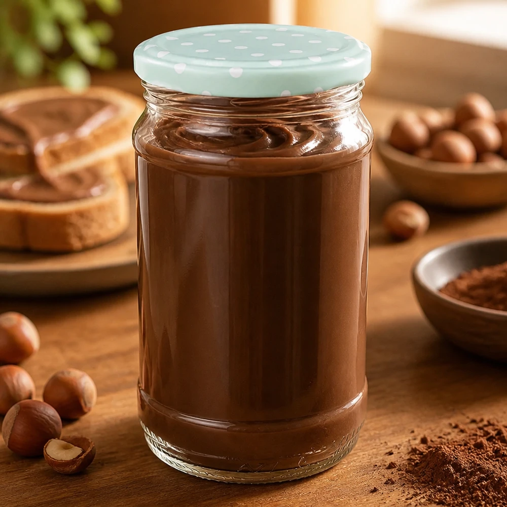 Schokoaufstrich im 370ml Rundglas mit mint-mattem Punktedeckel BasicSeal und Kakaopulver daneben
