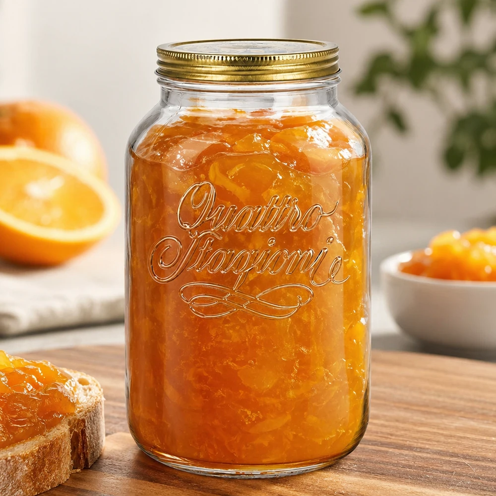 Vaso rotondo "Quattro Stagioni" da 3800ml con coperchio Quattro Stagioni vaso da 3800 ml pieno di marmellata di arance su una tavola di legno con arance fresche e pane