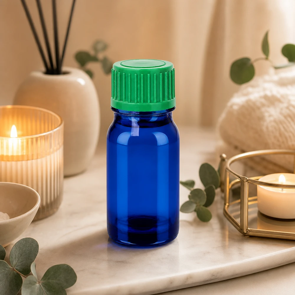 Flacone contagocce da 5 ml in vetro blu protetto dai raggi UV con inserto contagocce di precisione da 0,8 mm