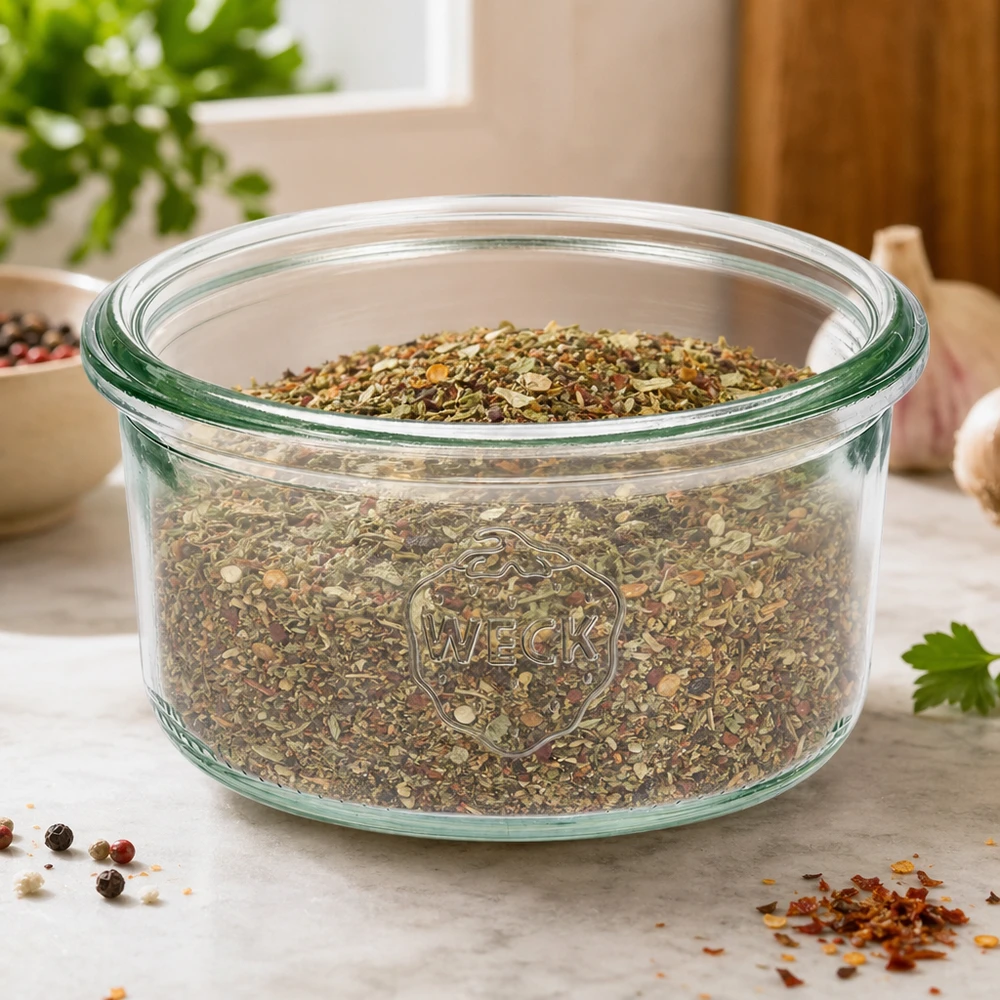 Barattolo con collo inclinato WECK RR80 da 165 ml WECK 165ml RR80 mason jar riempito di erbe aromatiche su un bancone da cucina con spezie e piante sullo sfondo