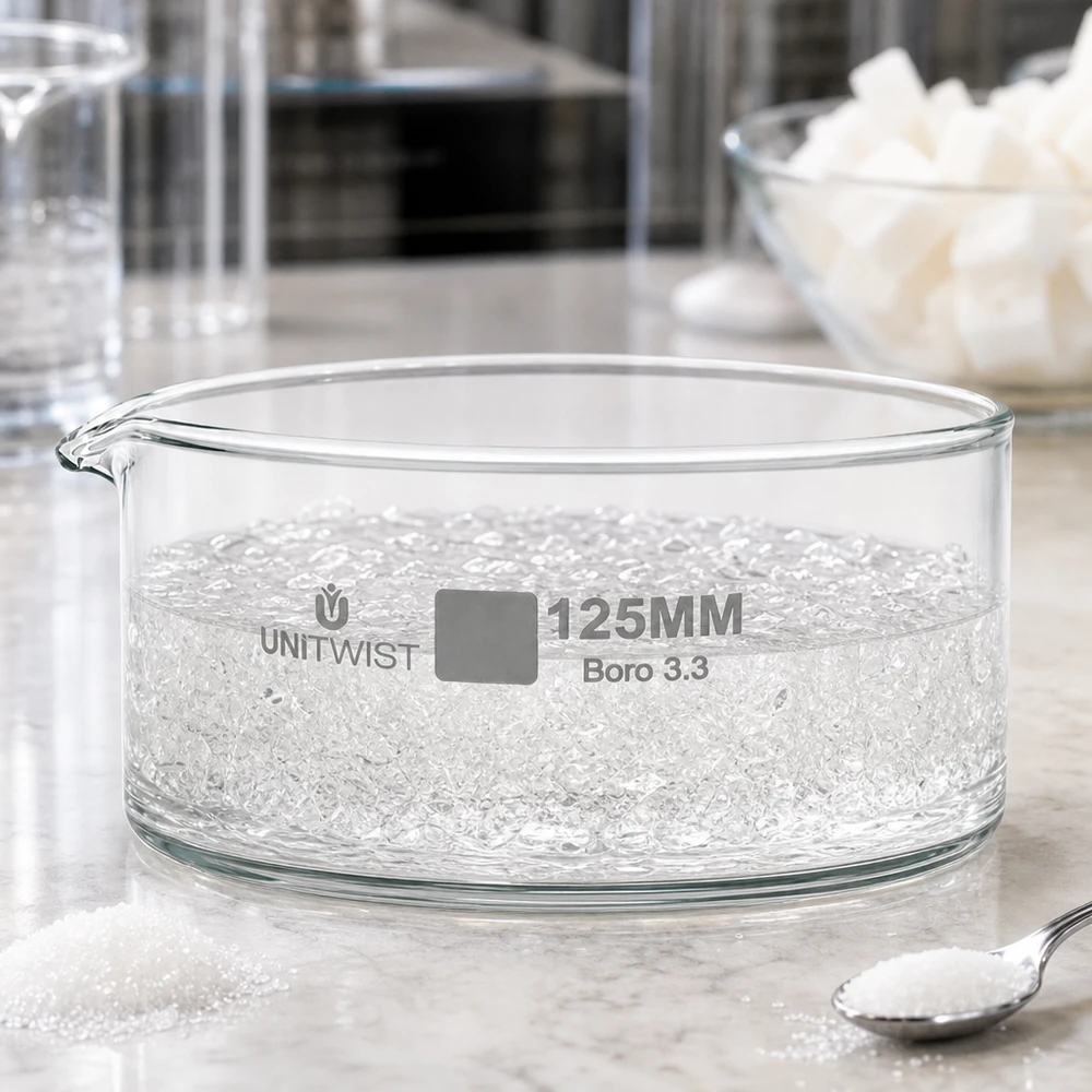 Cristallisoir ø125mm verre borosilicaté UNiTWIST Coupelle de cristallisation 125 mm UNiTWIST Boro 3.3 avec des cristaux de sucre blancs sur une surface en marbre