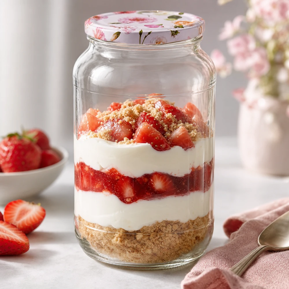 Dessert a strati in vasetto rotondo da 1062 ml con coperchio a fiore rosa Fragole e panna Base di biscotto Tappo BasicSeal Dessert
