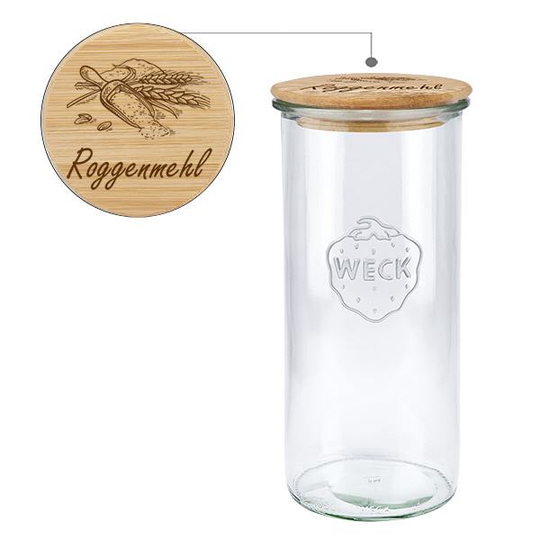 Holzdeckelset "Roggenmehl" mit WECK Glas 1500ml Holzdeckelset "Roggenmehl" mit WECK Glas 1500ml