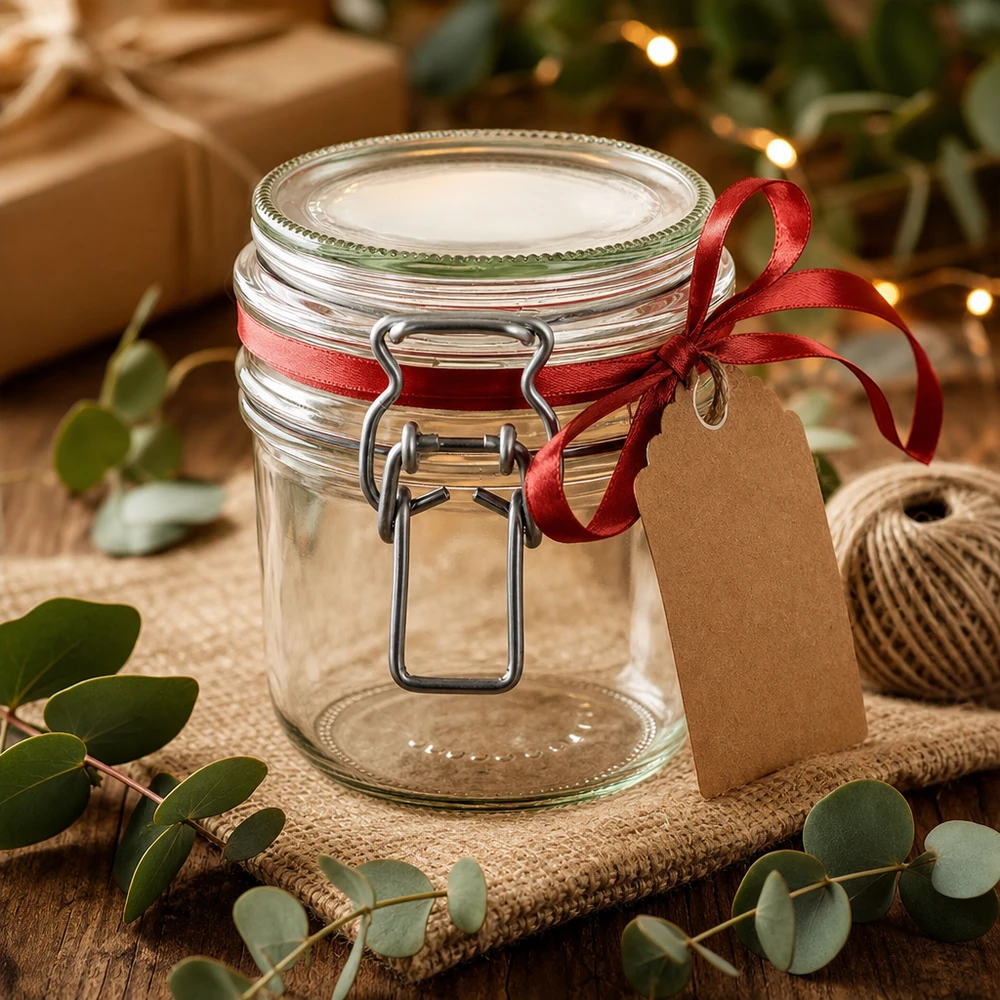Barattolo da 255 ml, tipo G, con tappo a clip UN.. 255ml Vorratsglas mit Bügelverschluss als Geschenkidee mit roter Schleife und Geschenkanhänger dekoriert