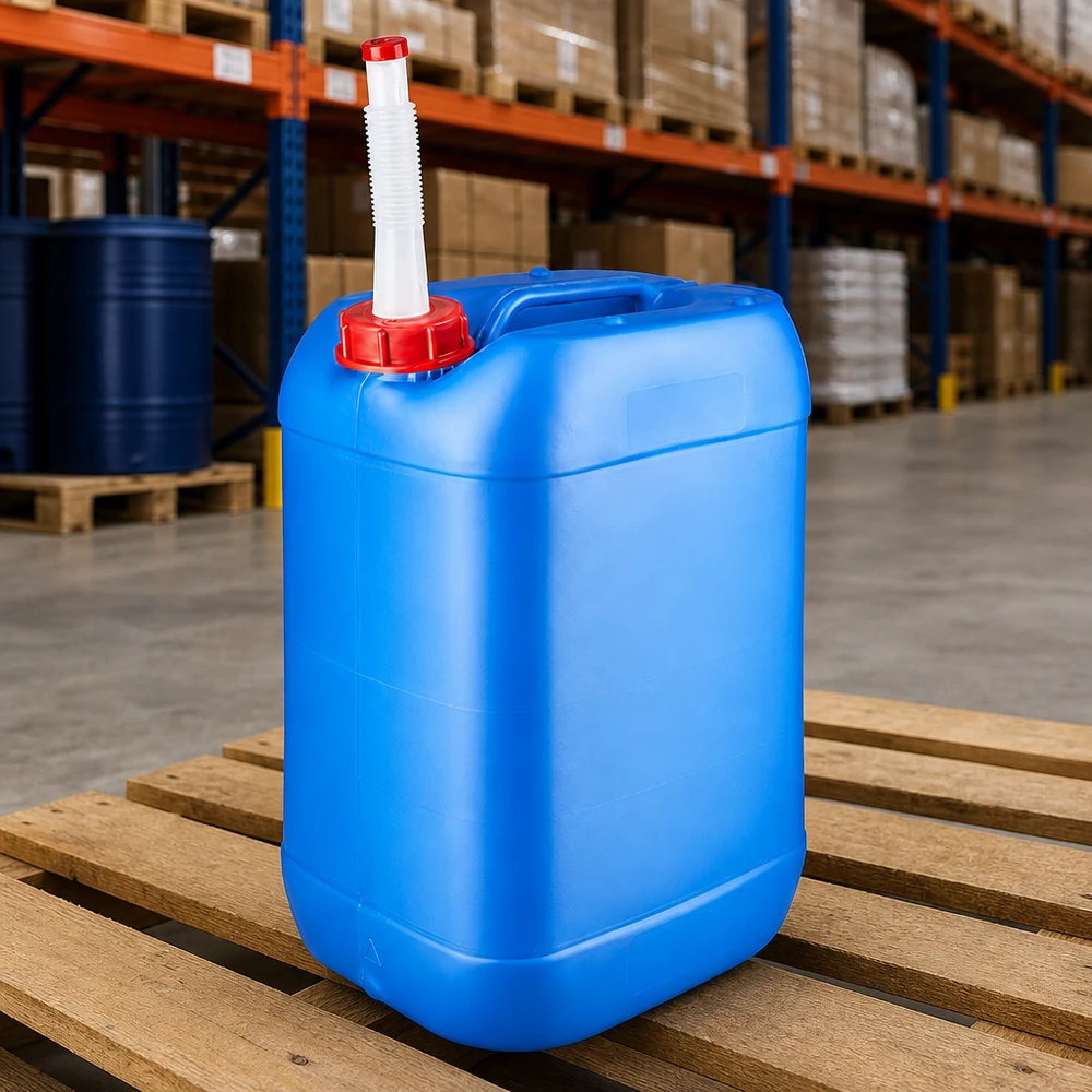 Bidon 25 litres bleu avec tube de vidange Flex Bidon en plastique empilable de 25 litres, bleu, avec bec verseur flexible, sur palette en bois, en stock