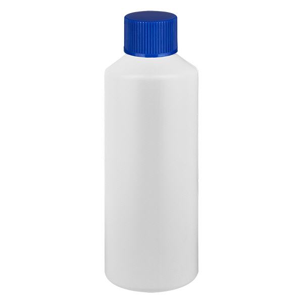 Flacone farmaceutico HDPE 100ml bianco, con SV blu Flacone farmaceutico HDPE 100ml bianco, con SV blu
