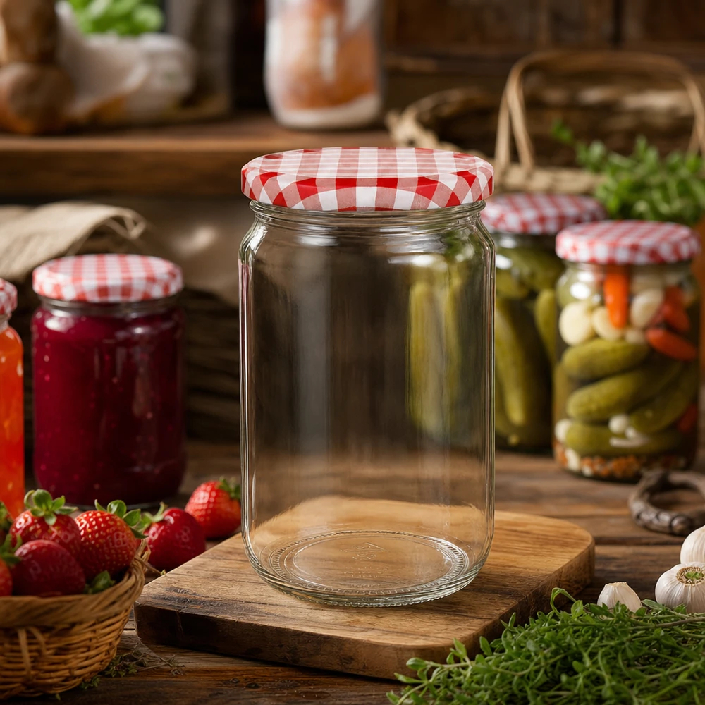 Barattolo rotondo da 795 ml con coperchio rosso e bianco su una tavola di legno in una cucina rustica, circondato da barattoli per conserve e ingredienti