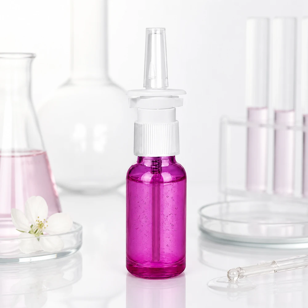 20ml Nasensprayflasche weiß/transparent Standard PurpleLine. UT18/20 20ml Nasenspray-Behälter in Purple mit praktischem Pumpsprüher für gleichmäßige Verteilung