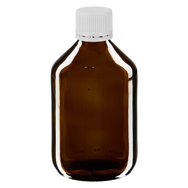 Bottiglia per medicinali da 300 ml marrone, tappo bianco antimanomissione Bottiglia per medicinali da 300 ml marrone, tappo bianco antimanomissione
