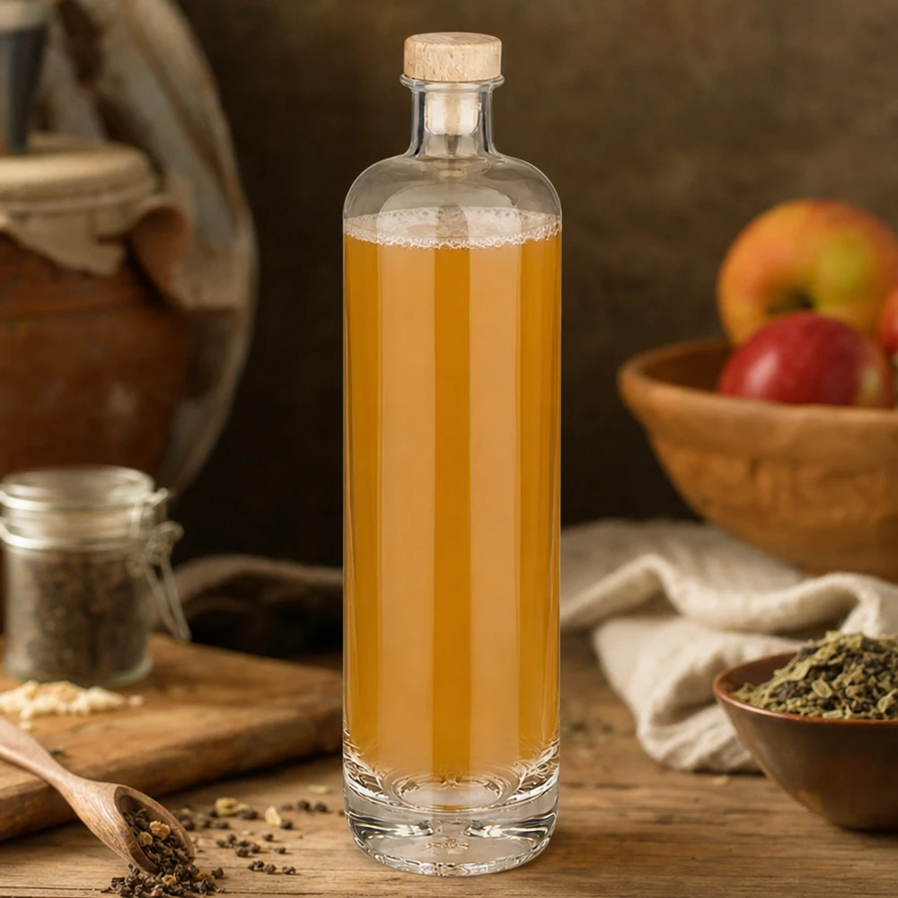 Bottiglia in vetro da 700 ml Ella con tappo in sughero con impugnatura in legno UNiTWIST® Bottiglia di Ella da 700 ml in vetro con tintura dorata e tappo in legno circondata da spezie e frutta in una cucina rustica