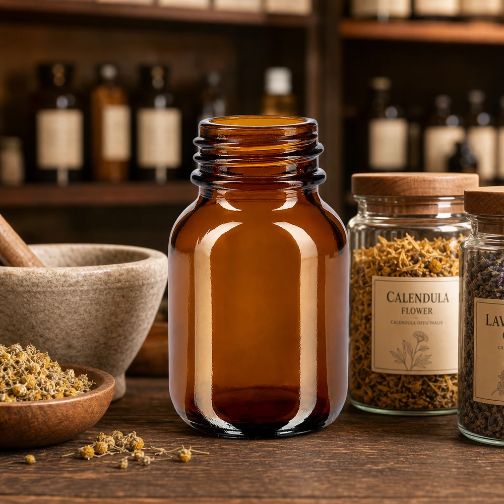 Bocal à col large en verre ambré 50 ml, goulot DIN 32, sans couvercle Bouteille compacte à col large de 50 ml en verre brun de haute qualité pour les pharmacies et les laboratoires