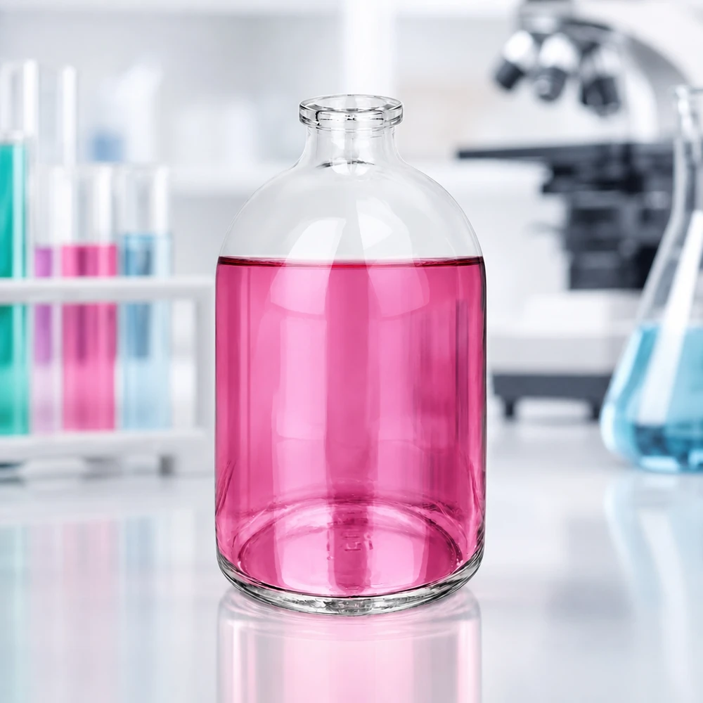 Injektionsflasche Klarglas 100ml Großaufnahme einer 100ml Injektionsflasche Klarglas mit pink gefärbtem Labormedium
