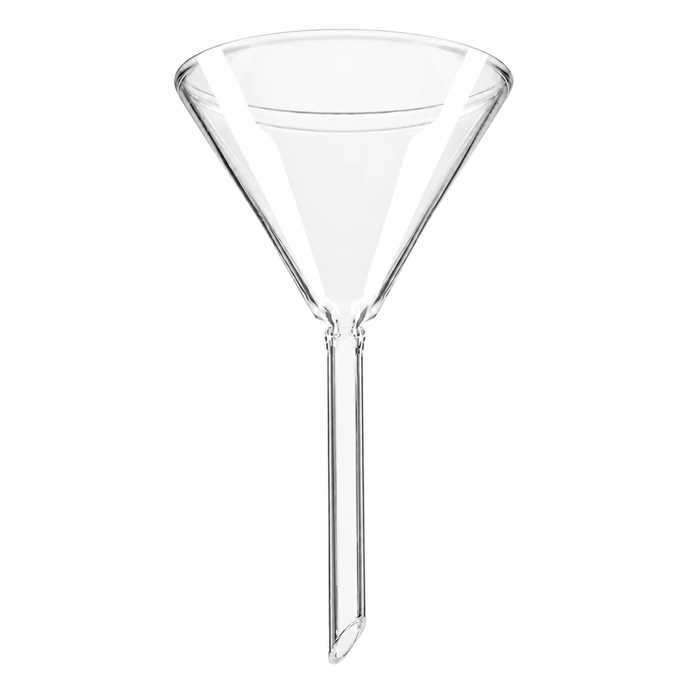 Imbuto in vetro di 70 mm di diametro in vetro soda-lime con manico corto per una decantazione precisa