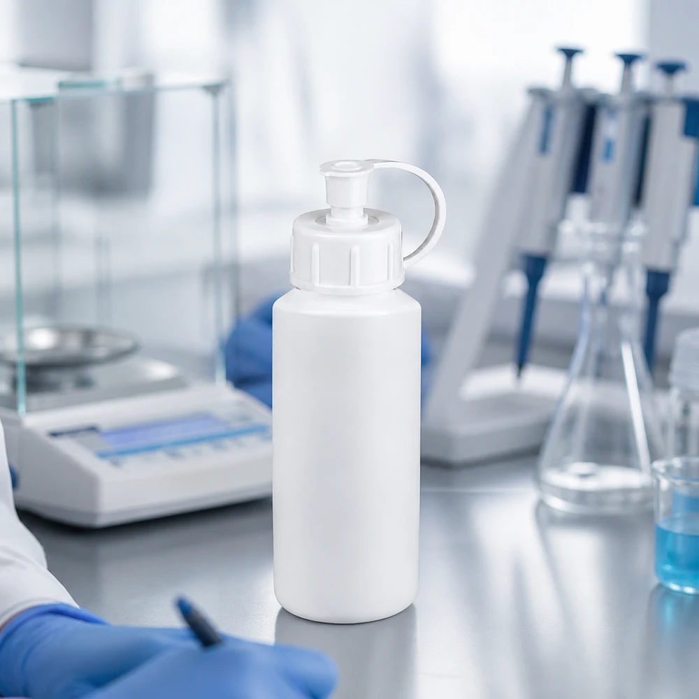 Flacon pharmaceutique cylindrique en PEHD de 30 ml, blanc, avec bouchon à vis et pipettes de laboratoire en arrière-plan