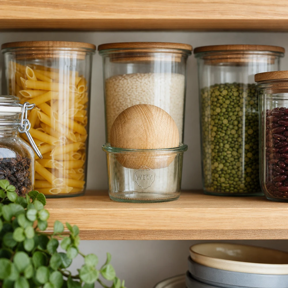 200ml Sturzglas WECK RR80 mit Holzkugel Buche WECK Sturzglas 200ml RR80 mit Holzkugel im Vorratsregal zwischen Pasta und Hülsenfrüchten, stilvolle Küchenorganisation