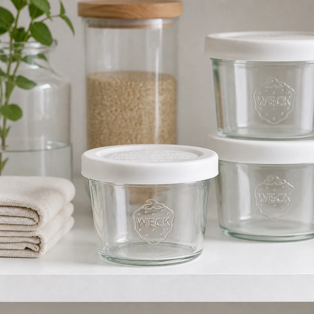 35ml Sturzglas mit Frischedeckel WECK RR40 WECK Sturzglas 35ml RR40 in modernem Küchenregal mit anderen Vorratsgläsern, stilvolle Aufbewahrungslösung