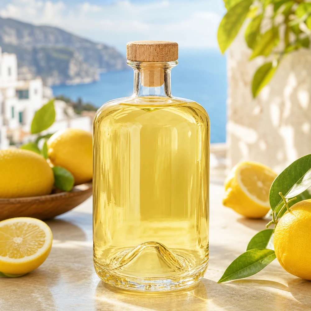 Bottiglia in vetro di Sofia da 700 ml con tappo in legno riempita di liquore al limone giallo in un'ambientazione costiera mediterranea con limoni