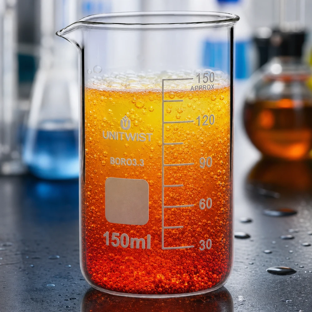 Bicchiere 150ml in borosilicato, forma alta UNITWIST UNITWIST: becher in vetro borosilicato da 150 ml, forma alta, con liquido rosso-arancio e formazione di bolle in laboratorio