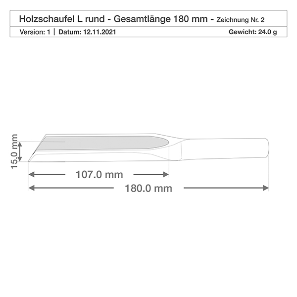Pala di legno misura L a forma piatta lunga 18 cm Disegno dettagliato della pala in legno L con dimensioni 107 mm Pala 180 mm Lunghezza totale 15 mm Altezza Specifiche del prodotto