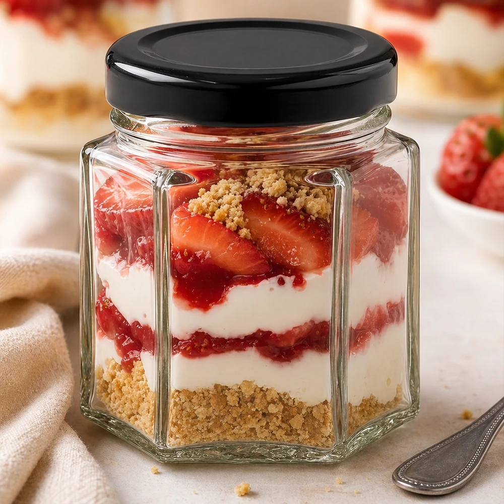 Bicchiere hexa da 47 ml con coperchio nero come bicchiere da dessert con un dessert a strati di fragole, panna e briciole di biscotti
