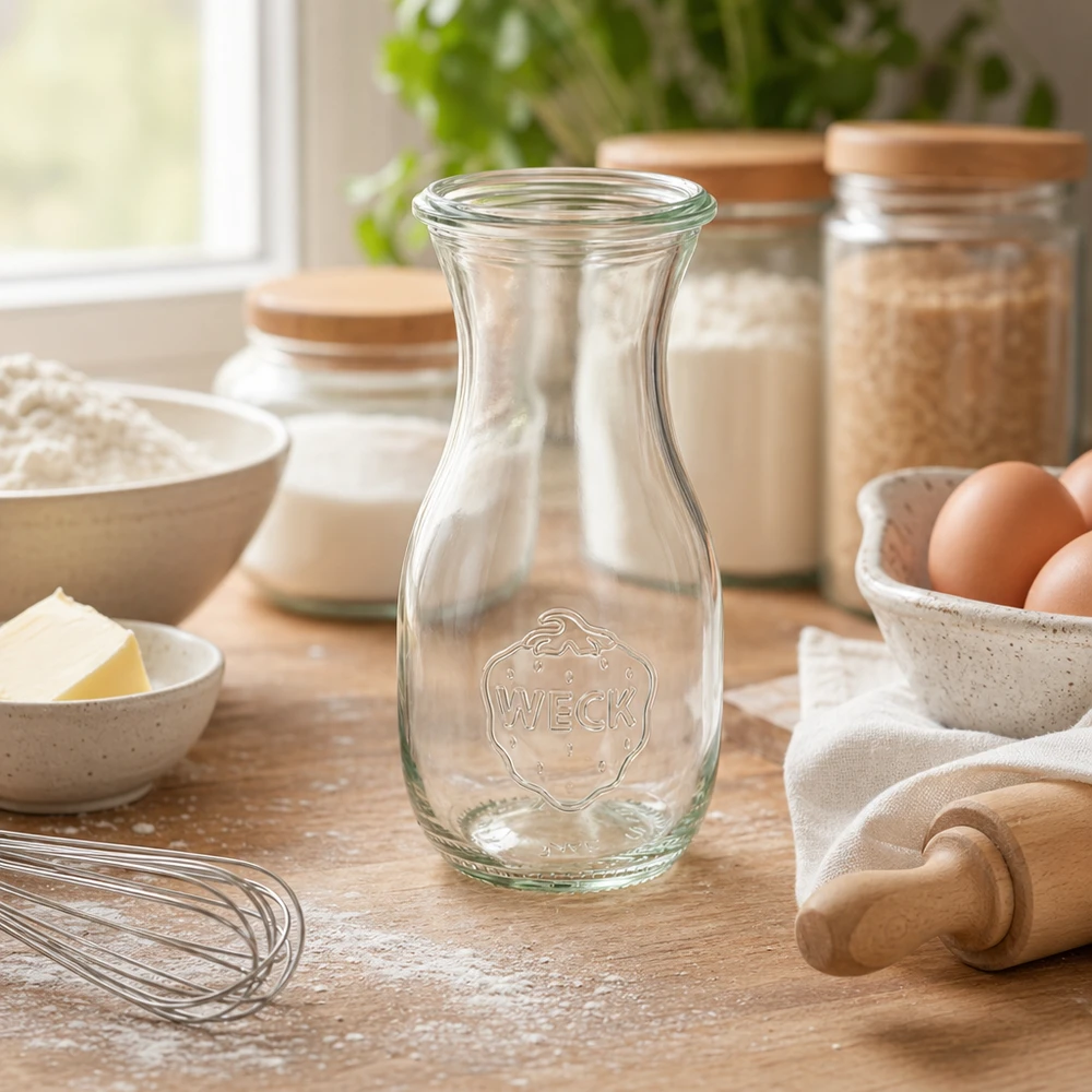 Bottiglia per succhi da 290 ml WECK RR60 Bottiglia di succo WECK da 290 ml RR60 su un tavolo di legno tra ingredienti da forno come uova, farina e utensili da cucina in un'atmosfera accogliente