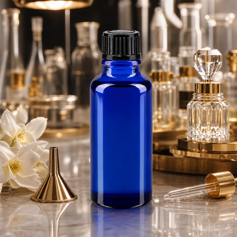 Flacon à pharmacie bleu 30ml bouchon compte-gouttes 1mm noir std Flacon compte-gouttes STD bleu royal de 30 ml avec un embout de précision de 1 mm, accompagné d'un entonnoir doré et d'une carafe en cristal