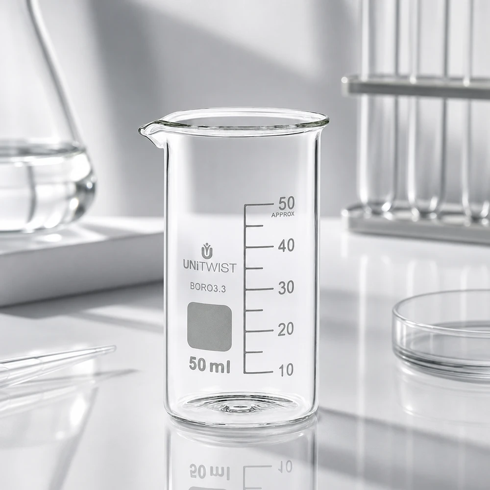 Bicchiere 50ml borosilicato, stampo alto UNITWIST Becher vuoto da 50 ml, forma alta, borosilicato 3.3 UNITWIST, tra le attrezzature da laboratorio su una superficie bianca