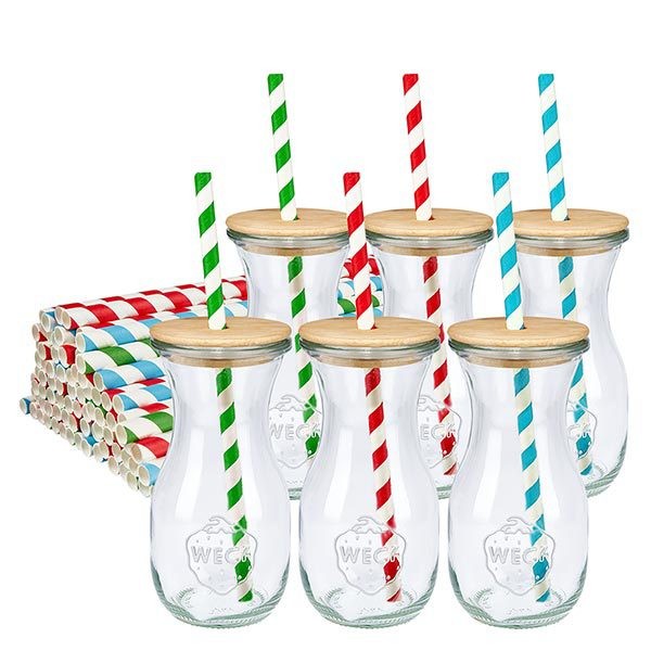 6 x WECK 290ml bottiglia di succo RR60 con coperchio in legno e 100 eco S 6 bottiglie di succo WECK da 290 ml con coperchio in legno e cannucce di carta ecologica colorate set di bottiglie in vetro a righe verde rosso blu