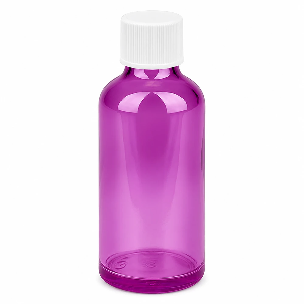 Flacon 50ml bouchon à vis 11mm blanc standard PurpleLine UT18/50 Bouteille de verre ronde de 50ml en violet avec bouchon SV blanc de 11mm pour les pharmacies
