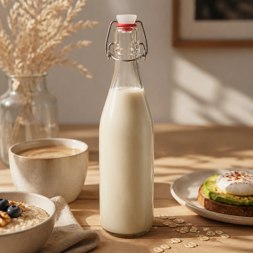 Bottiglia di vetro da 500 ml con tappo oscillante riempita di latte d'avena, caldo ambiente per la colazione, sostituto del latte vegetale