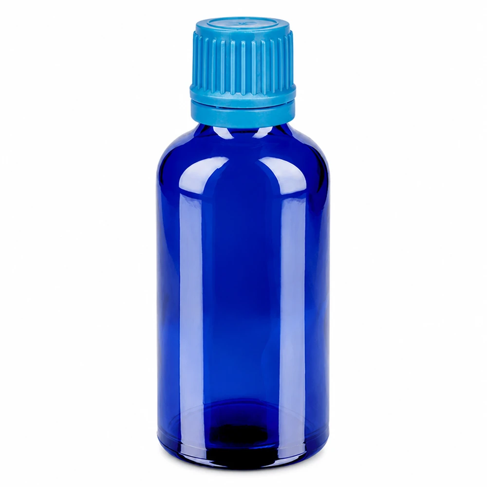Flacon 50ml 11mm SV bleu OV BlueLine UT18/50 Bouteille compacte de 50 ml en bleu cobalt idéale pour les huiles essentielles et les teintures.