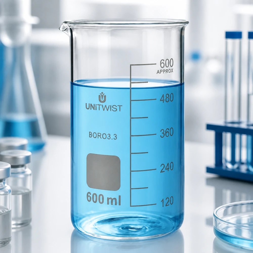 Bicchiere 600ml borosilicato, stampo alto UNITWIST Bicchiere UNITWIST da 600 ml, modello alto, in borosilicato, con scala graduata precisa in ml fino a 480 ml